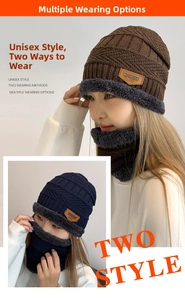 Detail of warm winter knit beanie and neck warmer set with thick fleece lining texture