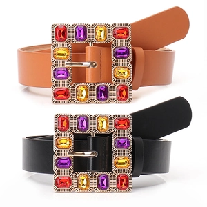 Fashion women belt with colorful crystal square buckle in brown and black leather colors