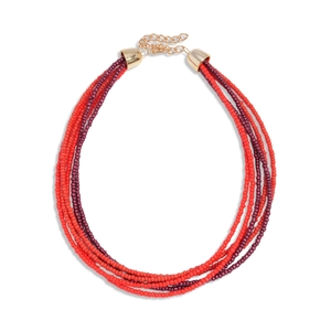 Bohemian multi-layer glass bead necklace in red and purple with gold hardware