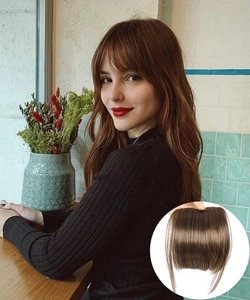 Close-up of brown air bangs with sideburns extension on a fashion model for a natural look