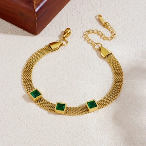 Vintage gold plated mesh chain bracelet with three green square crystals for women