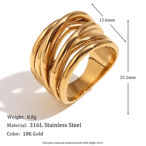 Vintage style 18K gold-plated stainless steel ring with wide woven braided design