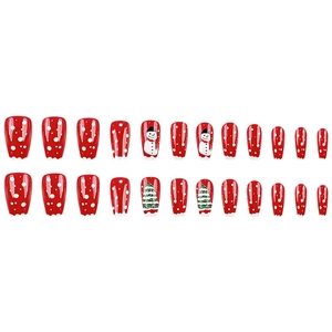 Lot de 24 faux ongles de Noël rouges avec motifs de bonhomme de neige et flocons