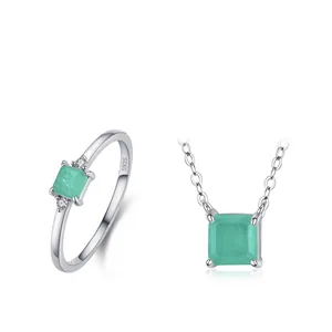 925 Sterling Silver Jewelry Women Square Green Cubic Zirconia Geometric Pendant Necklace And Ring Luxury Simple Style