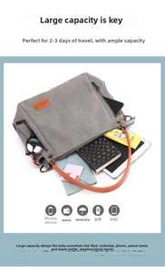 Detailed interior of grey canvas bag showing high capacity for iPad and daily essentials