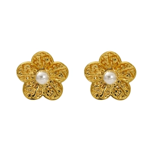 Vintage gold plated stainless steel flower stud earrings with central pearl accents