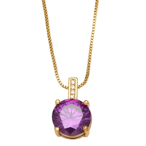 Detail of a large round purple gemstone pendant with four-claw setting on a gold box chain