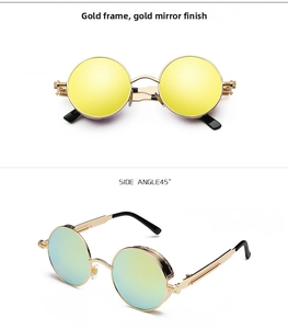 Retro steampunk round sunglasses with gold frames and colorful reflective lenses