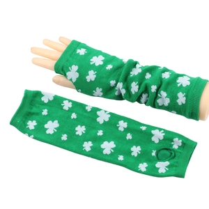 Green St. Patrick's Day knitted fingerless long gloves with white shamrock pattern