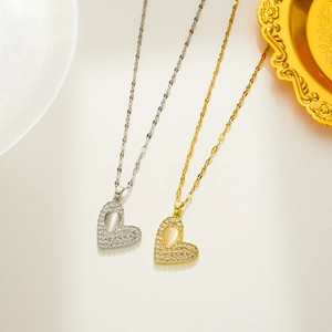 Heart Pendant Necklace Titanium Steel With Cat Eye Stone And Rhinestones Elegant Clavicle Chain Fashion Jewelry For Women