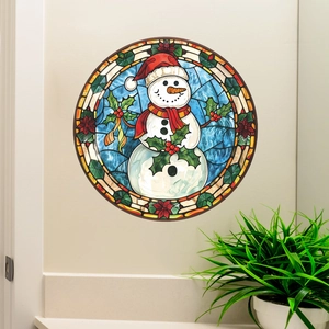 Stained glass style snowman Christmas wall sticker on a minimalist white interior wall