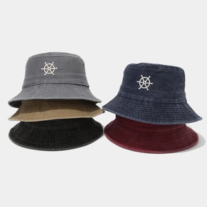 Washed Cotton Bucket Hat With Helm Embroidery Retro Outdoor Sun Protection Leisure Fisherman Cap For Men Women
