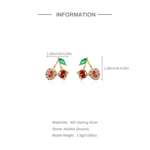 Detailed view of cherry earrings in 925 sterling silver with red and pink zircons