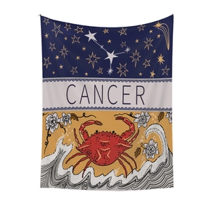 Close-up of a Cancer zodiac tapestry featuring a red crab and starry night sky design