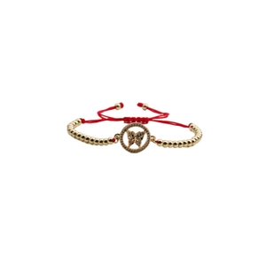 Adjustable gold bead and red rope bracelet with a colorful zircon butterfly charm