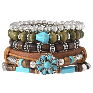Five-piece stacked bracelet set with turquoise accents, leather cords, and sunflower charms
