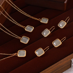 French Vintage Elegant Gold Titanium Steel Resin Square Pendant Necklace Hook Earrings Jewelry Accessories For Women