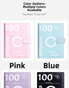 Detail view of the 100 Envelope Savings Challenge binder in pink, blue, purple, and black