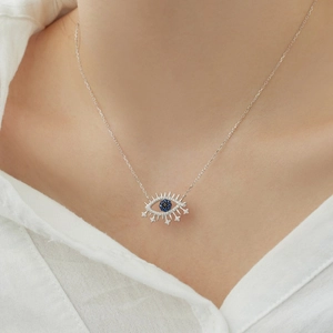 Detailed close-up of S925 sterling silver eye pendant with blue and white crystals