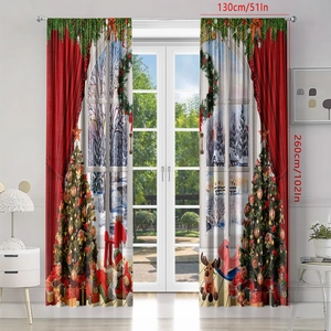 Festive red Christmas polyester curtains with reindeer and tree patterns 130x260cm