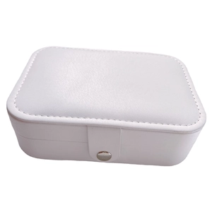 Portable double-layer PU leather jewelry box with button closure and minimalist white design