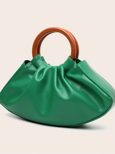Chic green pleated cloud clutch bag with round brown handle in high-quality faux leather