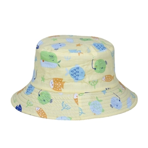 Yellow bucket hat with blue whales and colorful sea creature cartoon prints for sun protection