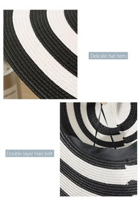 Detail of delicate hat hem and double layer sweatband on a striped sun hat