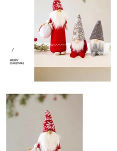 Close-up of three handcrafted knit Christmas gnomes with long white faux fur beards