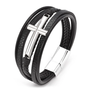 Men's multilayer braided black leather bracelet with silver cross and magnetic clasp
