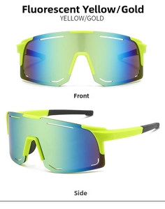 Detail view of square frame cycling sunglasses in neon yellow with blue-gold gradient lens