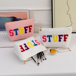 Stuff Letter Plush Makeup Bag Large Capacity Fleece Travel Toiletry Pouch Chenille Embroidery For Women