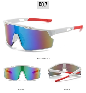 Detailsicht der Sport-Radsonnenbrille mit weißem Rahmen und Verlaufslinsen in Feueroptik