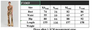 Detailed size chart for the backless sequin jumpsuit with measurements for XS to L