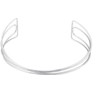 Detail shot of a silver metal open cuff bracelet featuring a minimalist woven design
