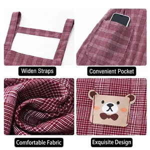 Red plaid cotton kitchen apron with wide straps and a cute cartoon bear pocket