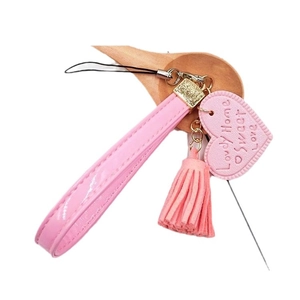Pink leather heart wrist strap with golden clasp and tassel pendant for phone or keys