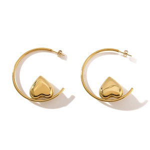 Polished 18K gold plated stainless steel C-shaped hoop earrings with hollow heart charms