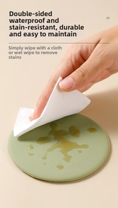 Macro detail showing hand cleaning a waterproof green silicone coaster surface