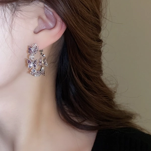 Close-up of model wearing butterfly C-shape earrings with purple and clear zircon stones
