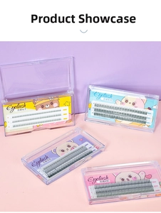 Macro detail of various fishtail false eyelashes in individual clear acrylic packaging