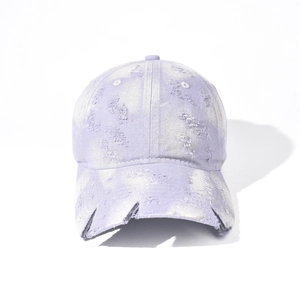Distressed light purple washed denim baseball cap with vintage frayed and ripped details