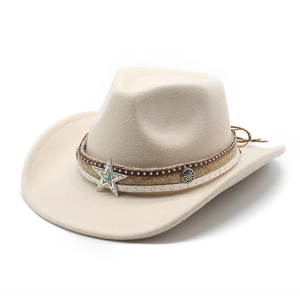 Classic cream felt western cowboy hat featuring ethnic style turquoise and star band details