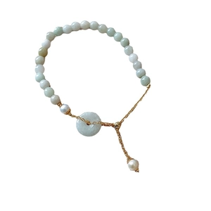 Elegant Chinese style green jade bead bracelet with safety buckle and pearls on white background