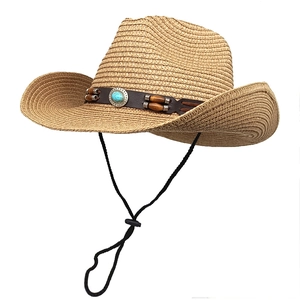 Western Cowboy Hat Straw Braided Sun Protection Summer Outdoor Ethnic Turquoise Leather Belt Wood Beads Windproof Rope