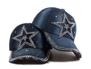 Detail of dark blue denim baseball caps with rhinestone star and silver metal rivets