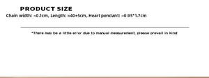 Detailed size guide for gold heart pendant necklace showing 40+5cm length measurements