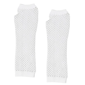 Detailed view of white fishnet fingerless long gloves with elastic mesh texture for party wear