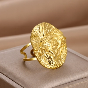18K gold plated titanium steel ring with hammered lava texture and open adjustable band