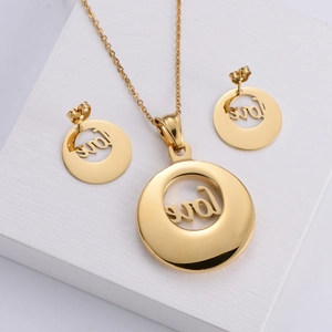 Gold-plated stainless steel jewelry set with LOVE hollow circular necklace and earrings